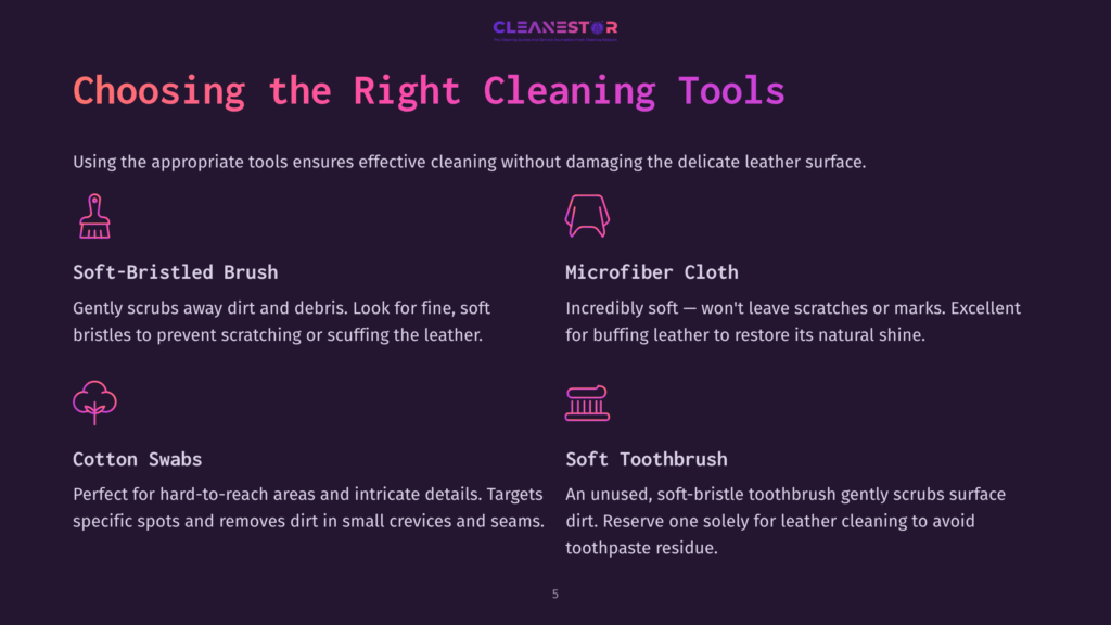 A Guide Showing Three Cleaning Tools: A Soft Bristle Brush, A Microfiber Cloth, And Cotton Swabs, With Descriptions And Usage Tips.