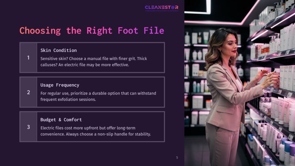 A Woman In A Light Suit Selects A Foot File In A Well-Lit Store, Surrounded By Various Grooming Products On Colorful Shelves.