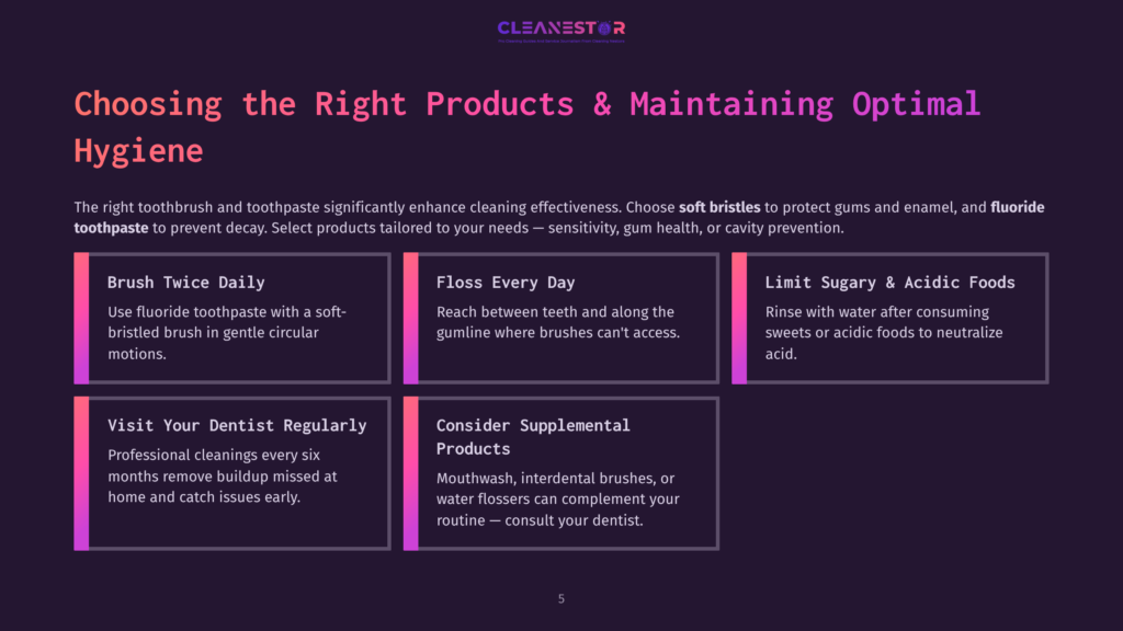 Graphic With Text &Quot;Choosing The Right Products &Amp; Maintaining Optimal Hygiene&Quot; And Five Sections: &Quot;Brush Twice Daily,&Quot; &Quot;Floss Every Day,&Quot; &Quot;Limit Sugary &Amp; Acidic Foods,&Quot; &Quot;Visit Your Dentist Regularly,&Quot; And &Quot;Consider Supplemental Products.