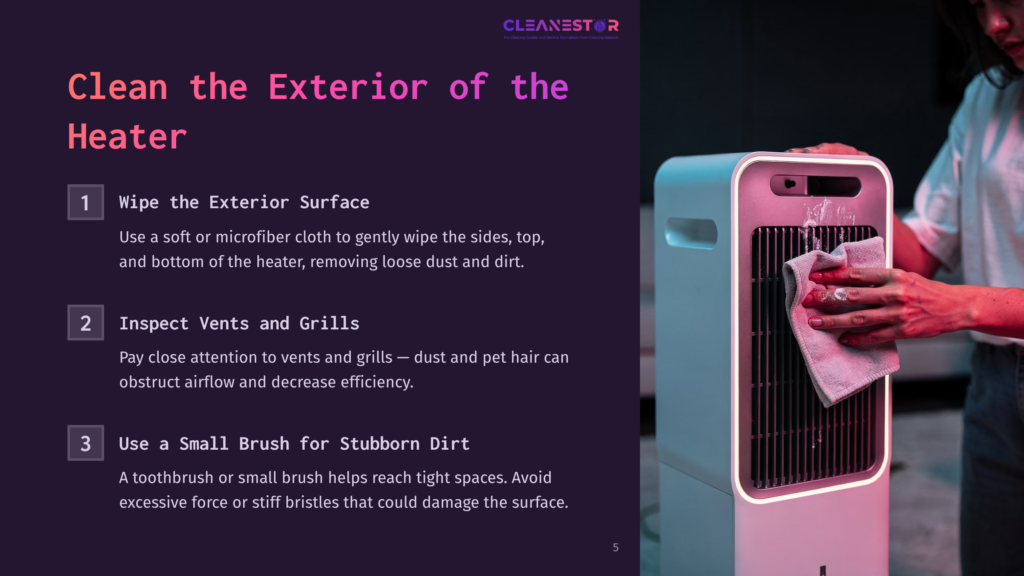 An Illustration Of A White Dyson Heater Next To Cleaning Instructions With A Dark Purple Background, Emphasizing The Cleaning Process.