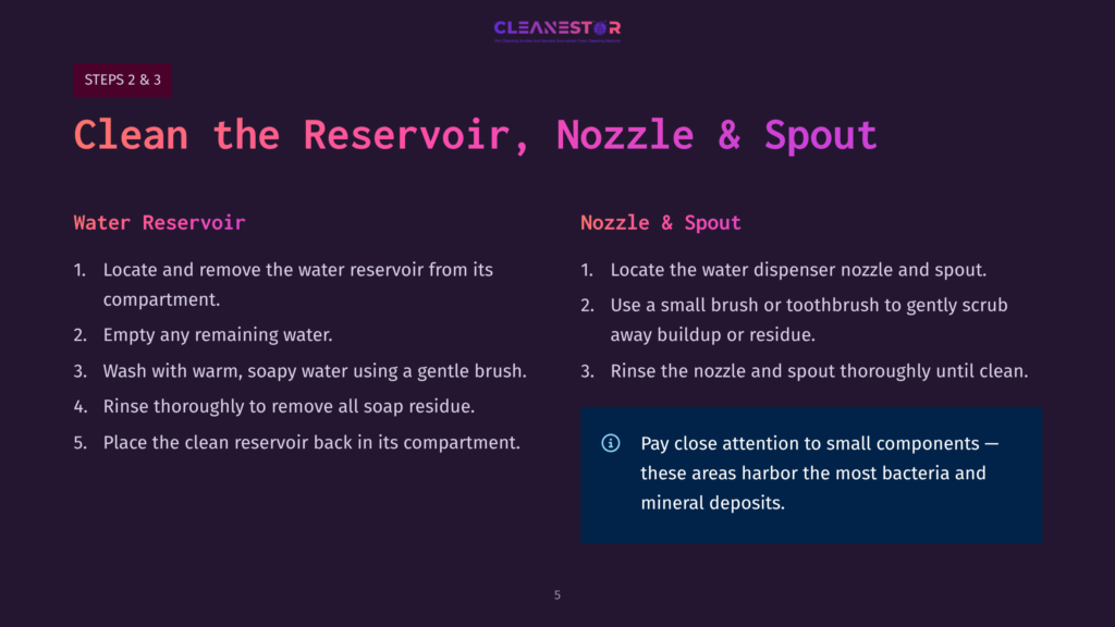 5 Clean The Reservoir Nozzle And Spout Instructions For Cleaning A Cleanestor Soap Dispenser: Steps For Cleaning The Water Reservoir And Nozzle &Amp; Spout, Including Washing With Soap And Water And Using A Toothbrush.