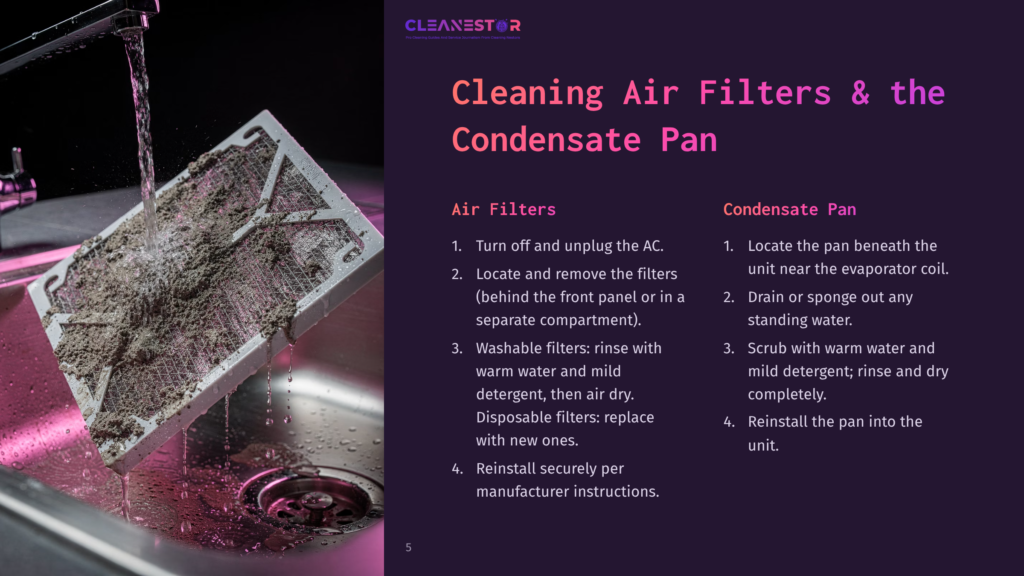 A Dirty Air Filter Is Being Rinsed Under A Faucet In A Sink. The Filter Is Heavily Coated In Dust And Debris, Indicating A Need For Cleaning Or Replacement. The Image Is Part Of A Guide On Cleaning Air Filters And Condensate Pans.