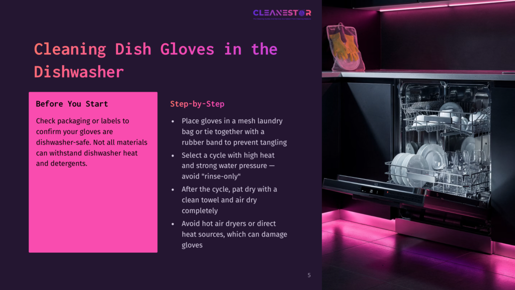 A Dishwasher With A Set Of Dish Gloves Placed On The Top Rack, Featuring Pink And Black Colors And Vibrant Purple Lighting.