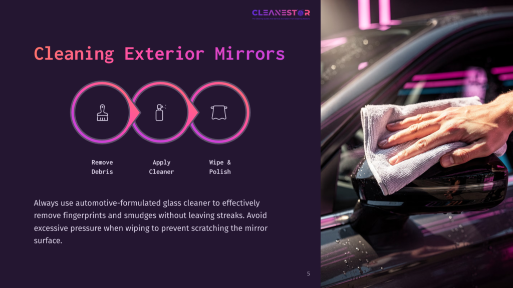 5 Cleaning Exterior Mirrors A Close-Up Of A Hand Wiping A Car Mirror With A Microfiber Cloth, With Icons Representing Mirror Cleaning Steps In Purple And White.