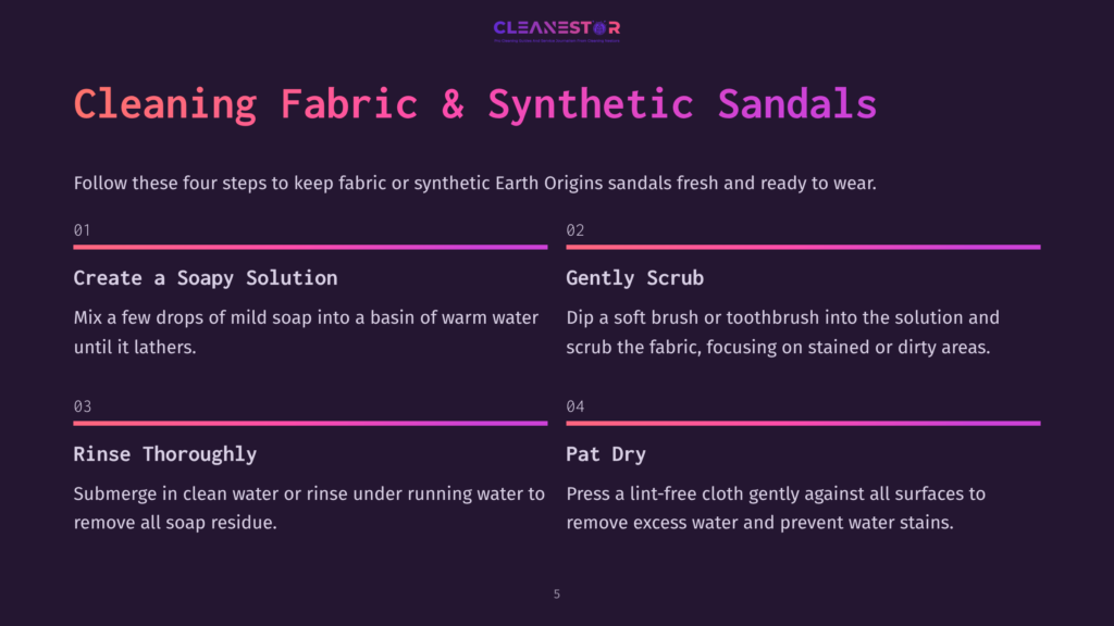Graphic Outlining Steps To Clean Earth Origins Sandals, Featuring Bold Headings, Numbered Instructions, And A Dark Background With Colorful Text.