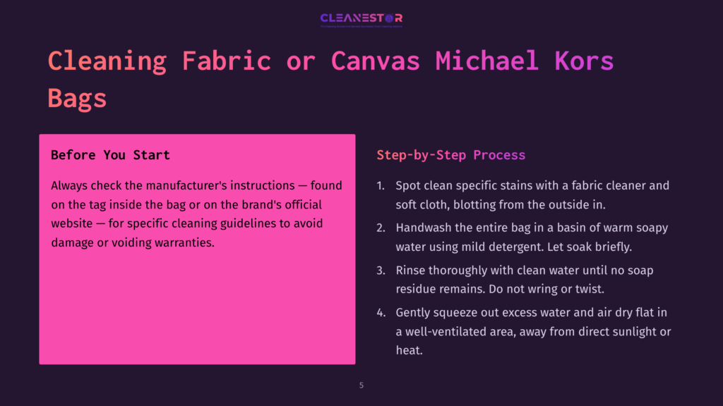 Step-By-Step Cleaning Instructions For Fabric Or Canvas Michael Kors Bags, Featuring A Pink Background And Clear, Organized Text.