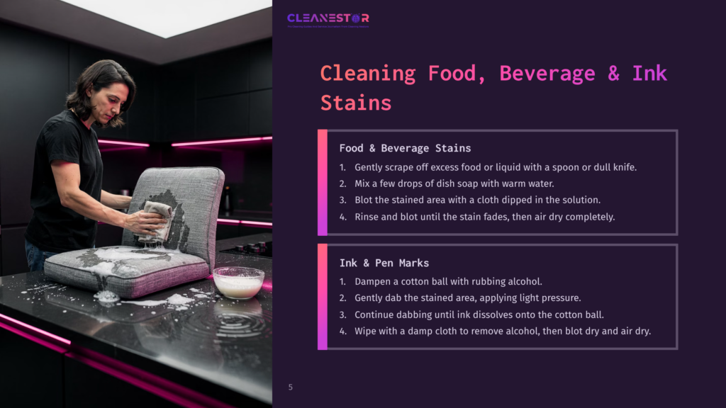 5 Cleaning Food Beverage And Ink Stains A Man Cleans A Gray Upholstered Chair With A White Cloth, Showing A Cleaning Guide For Food, Beverage, And Ink Stains.