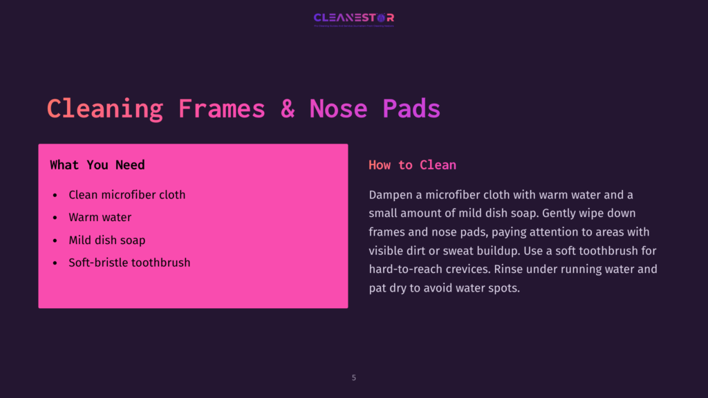 A Dark Purple Background Features White And Pink Text With Cleaning Instructions, Including A Microfiber Cloth, Soap, And Toothbrush Illustrations.