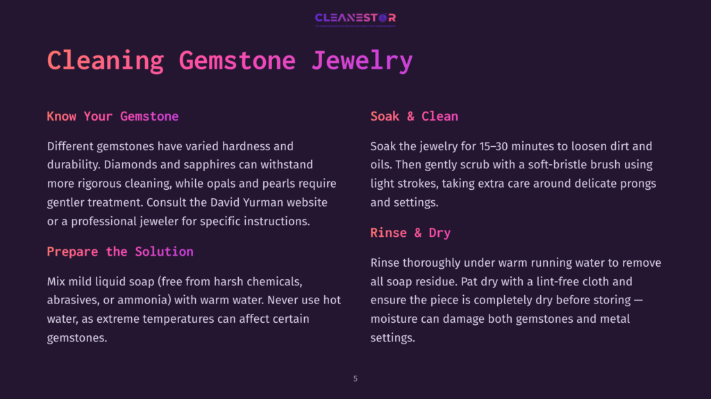 Instructions For Cleaning Gemstone Jewelry, Featuring Purple Text On A Black Background With Steps: &Quot;Know Your Gemstone,&Quot; &Quot;Soak &Amp; Clean,&Quot; And &Quot;Rinse &Amp; Dry.&Quot;
