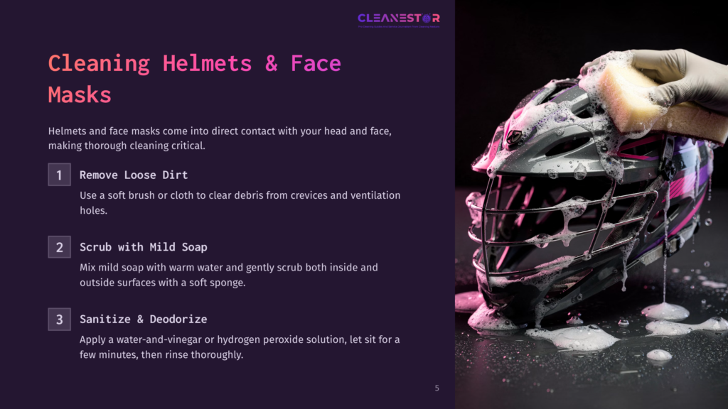 Close-Up Of A Black Lacrosse Helmet Being Cleaned With A Soapy Sponge, With Water And Suds Dripping Down The Helmet.