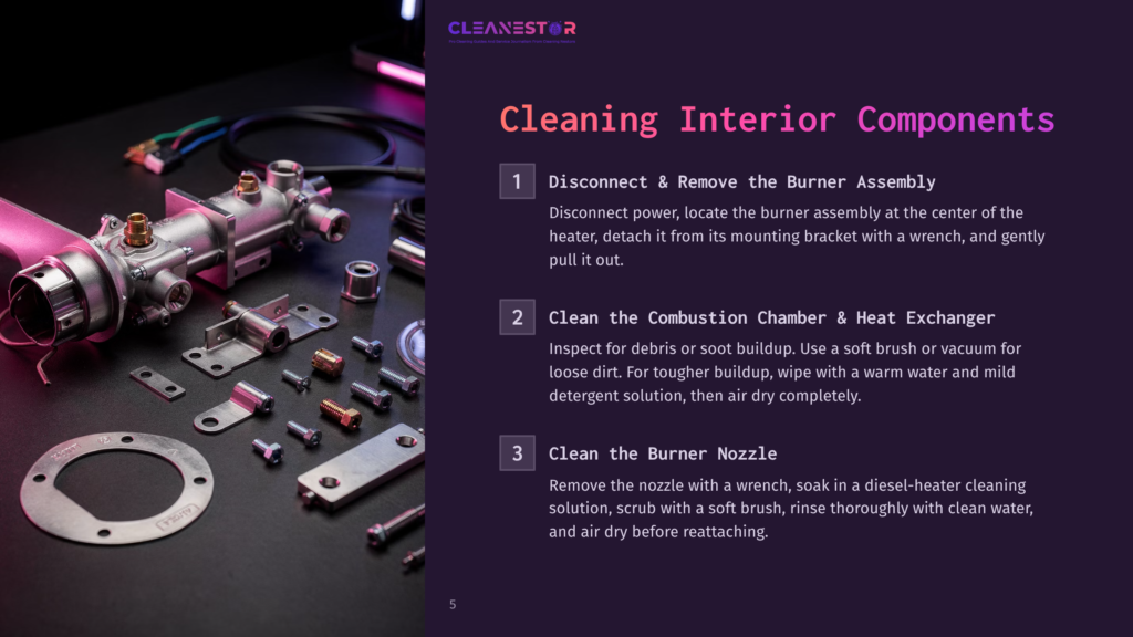 Close-Up Of Disassembled Heater Components, Including A Burner Assembly, Combustion Chamber, And Nozzle, Laid Out On A Dark Surface With Text Instructions For Cleaning Interior Components.