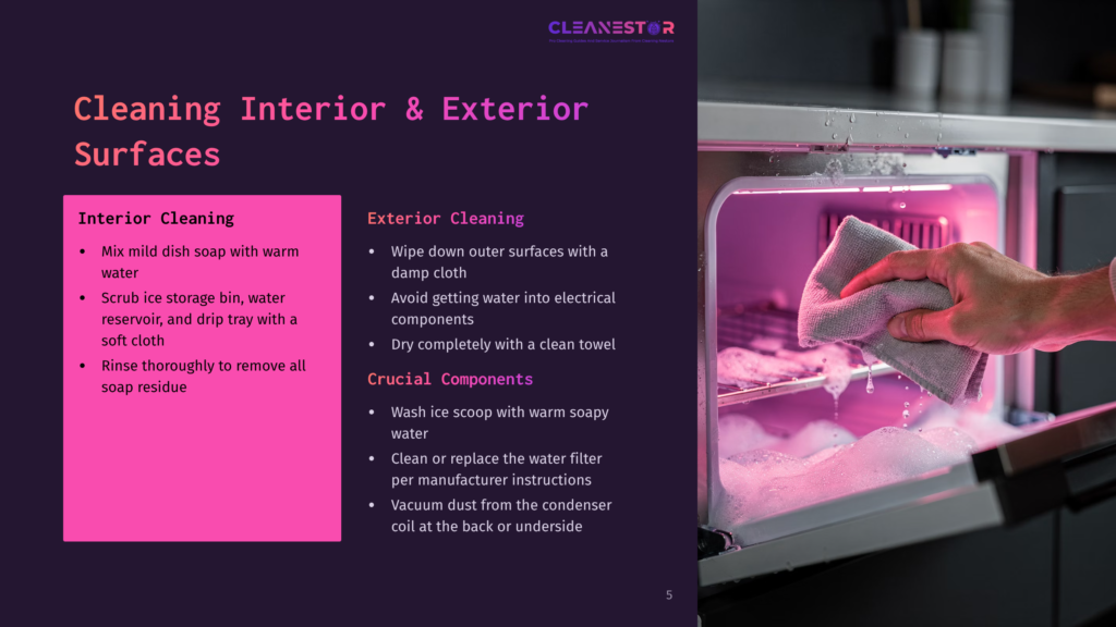 A Person Wipes The Interior Of An Ice Maker With A Gray Cloth, Next To Text Outlining Cleaning Steps On A Purple And Pink Background.