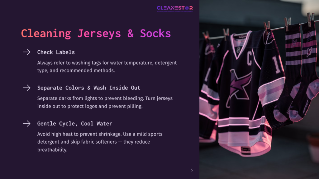 Jerseys And Socks Hang On A Clothesline; Text Highlights Care Tips, Using Purple And Pink Colors On Dark Background For Contrast.