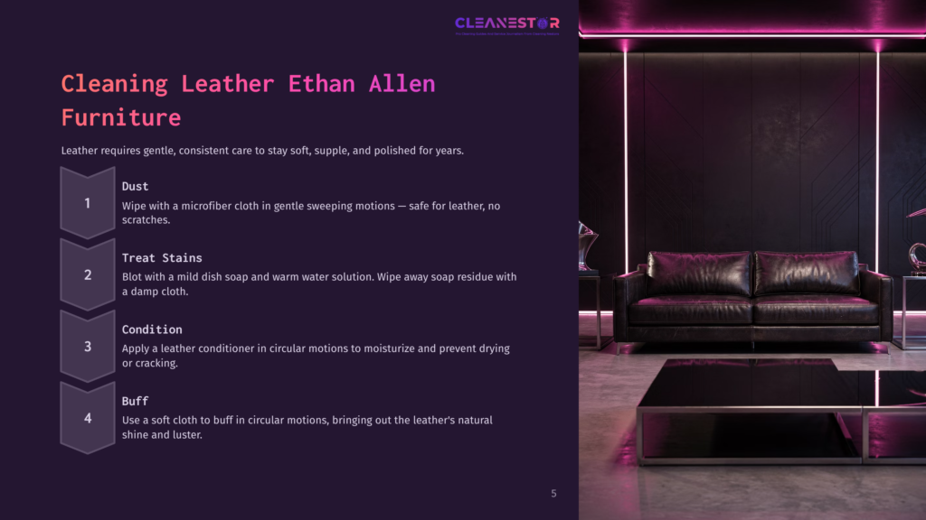 A Sleek Black Leather Sofa In A Modern Setting, With Purple Lighting And A Minimalist Design, Next To Cleaning Instructions On A Dark Background.