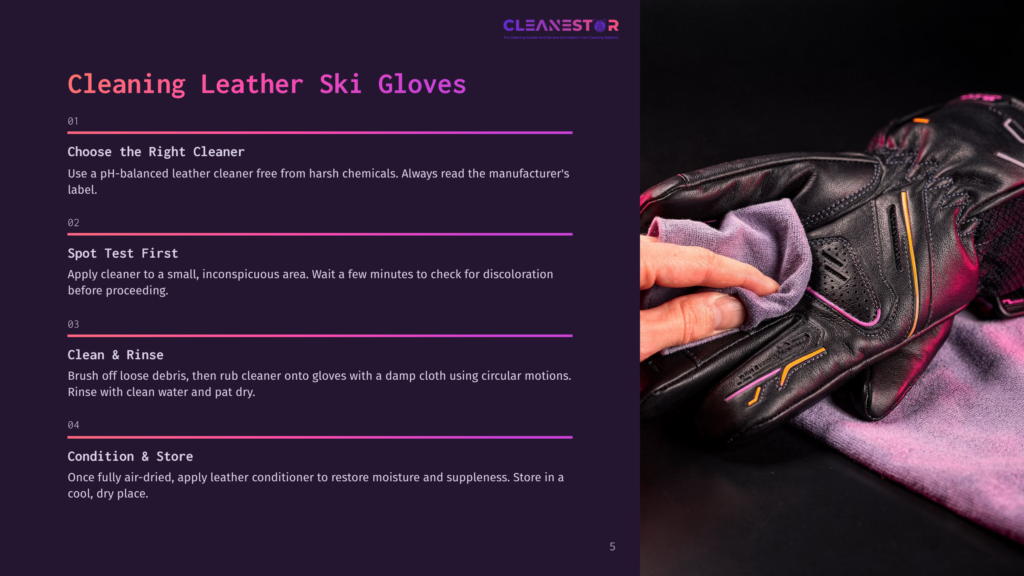 5 Cleaning Leather Ski Gloves A Close-Up Of A Gloved Hand Using A Damp Cloth To Clean A Leather Ski Glove On A Purple Towel, With Text Instructions On The Side.