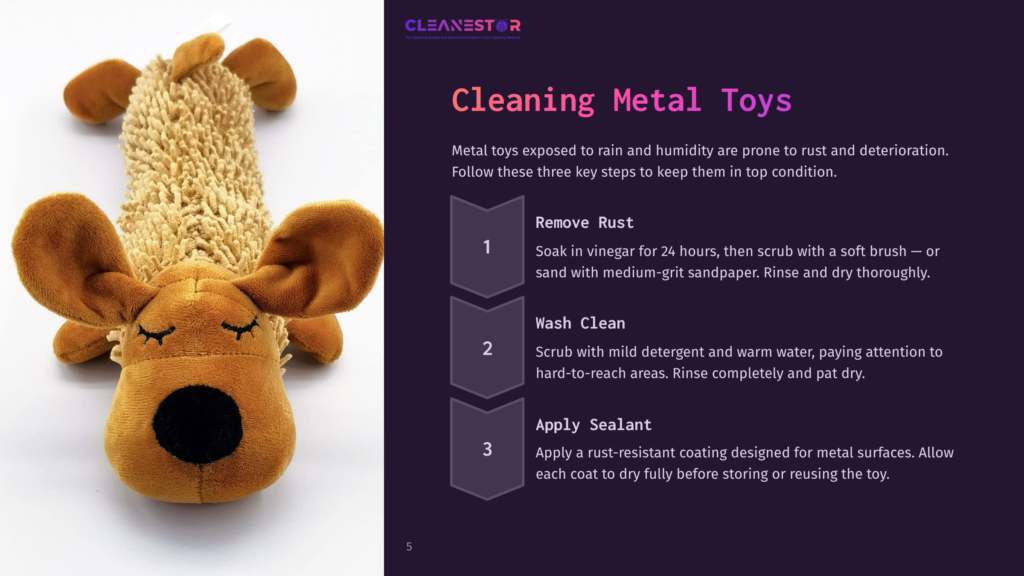 5 Cleaning Metal Toys Close-Up Of A Plush, Tan Dog Toy With Floppy Ears And A Black Nose, Lying On A White Surface Next To A Graphic Detailing How To Clean Metal Toys With Text Including &Quot;Cleaning Metal Toys,&Quot; &Quot;Remove Rust,&Quot; And &Quot;Wash Clean.