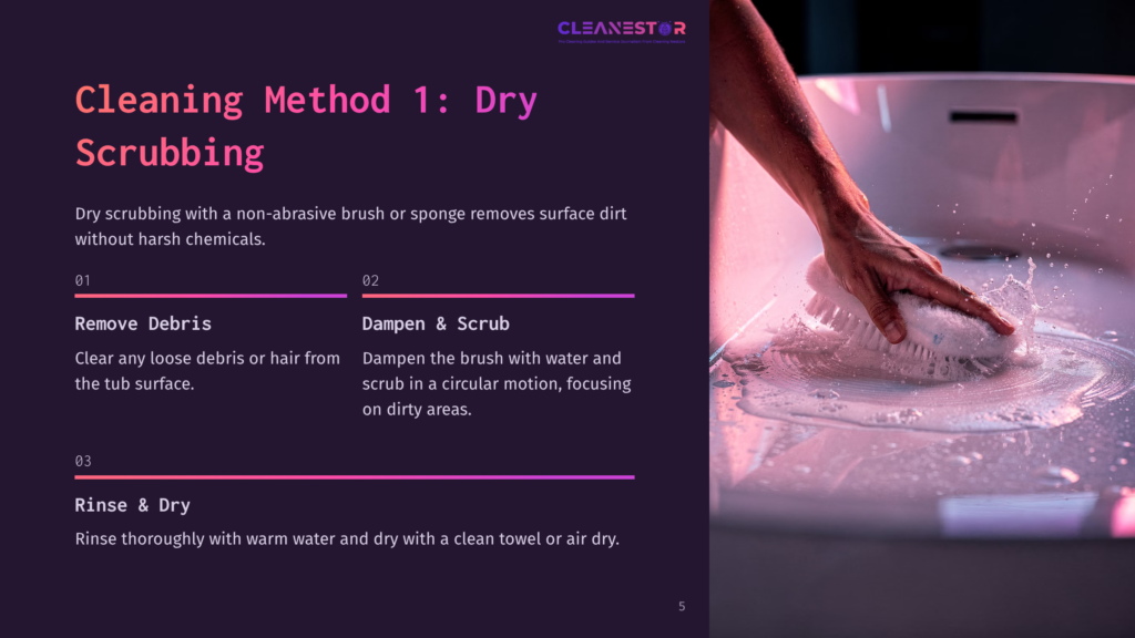 Close-Up Of A Hand With A Scrub Brush Cleaning A White Bathtub With Foamy Water. Text Overlay Reads &Quot;Cleaning Method 1: Dry Scrubbing&Quot; And Details Steps For Removing Debris And Dampening The Surface.
