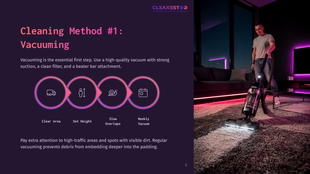 A Person Vacuuming Carpet With A Modern Vacuum Cleaner; Purple Background With Circular Icons Illustrating Cleaning Tips And Steps.