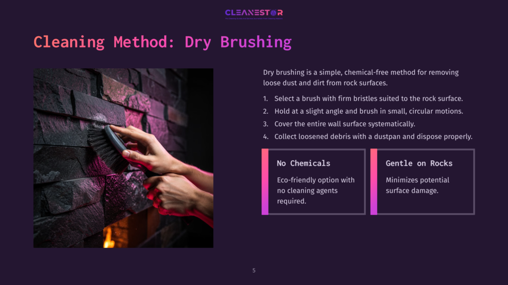 A Person Cleaning A Textured Rock Fireplace Wall With A Brush, Displaying A Dark Background, Pink Accents, And Instructional Text.