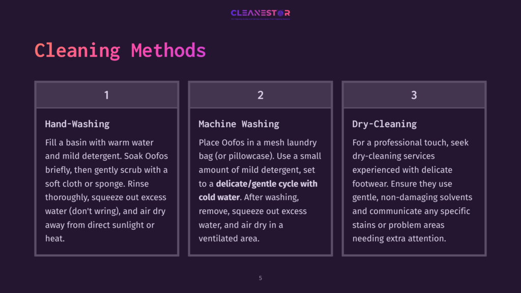 Step-By-Step Cleaning Methods For Oofos Featuring Pink Text On A Dark Background With Numbered Instructions And A Bullet Point Layout.