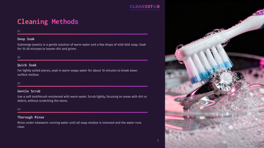 A Toothbrush Cleaning Jewelry In A Soapy Water Solution, With Bubbles And A Pink Background, Showing Steps For Cleaning Gemstones.