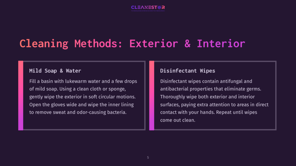 Two Panels Detailing Cleaning Methods: &Quot;Mild Soap &Amp; Water&Quot; With Instructions For Cleaning Exteriors And Interiors, And &Quot;Disinfectant Wipes&Quot; With Instructions For Disinfecting Surfaces And Hands. The Cleanestor Logo Is At The Top.