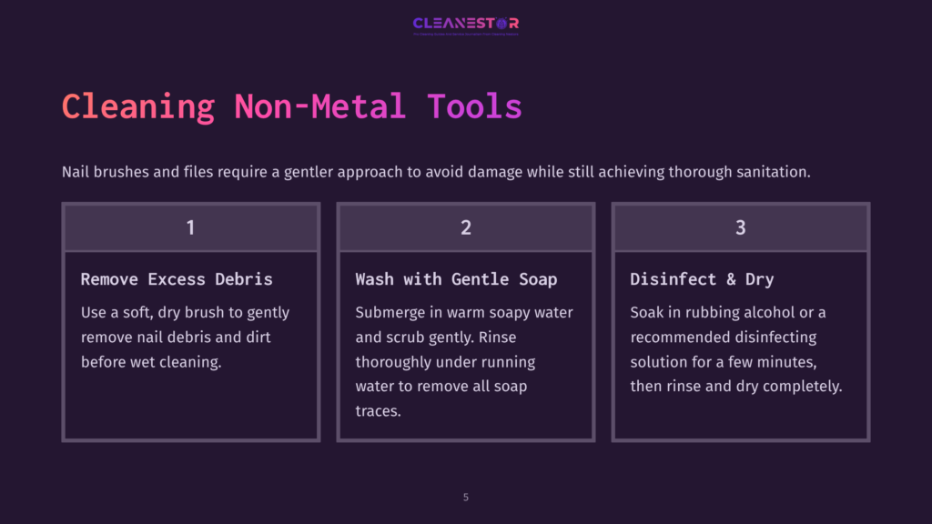 Instructional Graphic With A Dark Background Detailing Three Steps For Cleaning Manicure Tools: Remove Debris, Wash With Soap, And Disinfect.