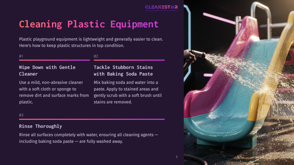 5 Cleaning Plastic Equipment A Hand Sprays Water Onto A Colorful Plastic Playground Slide, Cleaning Off Dirt And Grime. The Slide Is Pink And Blue, With A Yellow Ladder. Text Overlay Reads &Quot;Cleanestor Cleaning Plastic Equipment&Quot;.