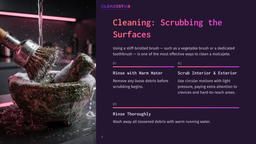 A Stone Molcajete Filled With Gray Debris, A Stiff Brush Is Beside It, With Warm Water Splashing Around. Neon Lighting Enhances The Scene.