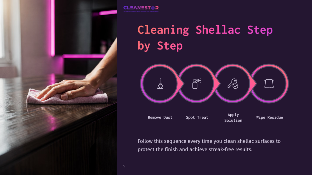 Step-By-Step Guide To Cleaning Shellac Surfaces: Remove Dust, Spot Treat, Apply Solution, And Wipe Residue. The Graphic Shows Icons For Each Step.