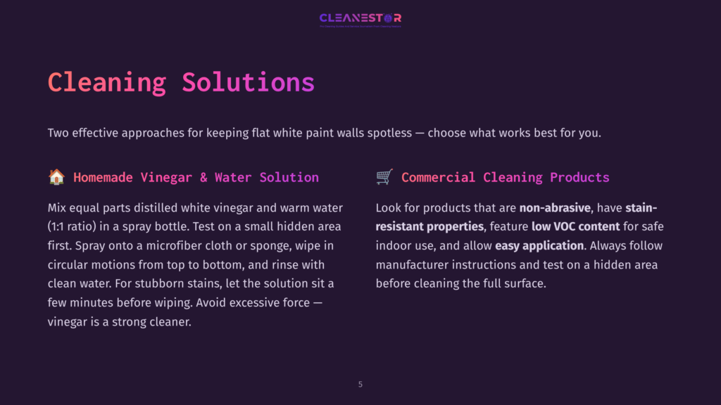 Text On A Purple Background Outlining Two Cleaning Solutions For Flat White Paint Walls, With Bullet Points For Vinegar-Water Mix And Commercial Cleaners.