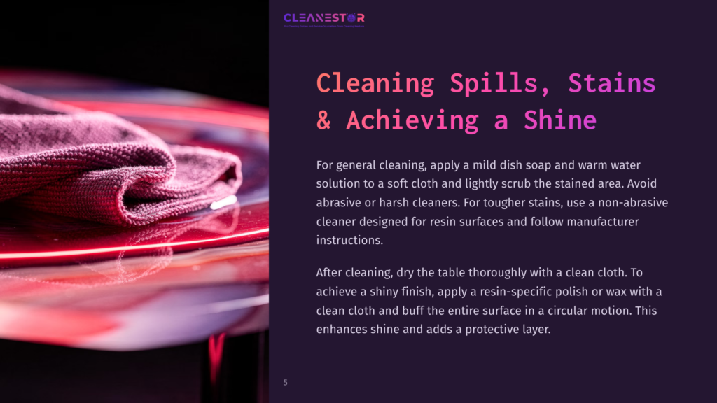 A Close-Up Of A Clean Epoxy Resin Table With A Vibrant Purple Hue, Featuring Cleaning Supplies Like A Cloth And Polishing Products.