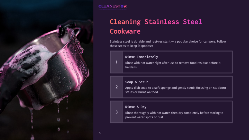 A Hand Holding A Stainless Steel Pot With Water Pouring From It, Next To Text Instructions For Cleaning Camping Cookware.