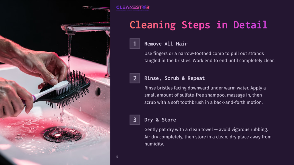 5 Cleaning Steps In Detail A Person'S Hands Rinse A Black Hairbrush Under Running Water In A White Sink, With Red Light Illuminating The Scene. Text Overlay Reads: &Quot;Cleanestor Cleaning Steps In Detail: 1 Remove All Hair 2 Rinse, Scrub &Amp; Repeat 3 Dry &Amp; Store.