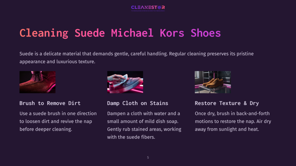 Suede Shoes In Various Colors Laid Out On A Dark Purple Background, With Text Guidance On Cleaning Techniques.