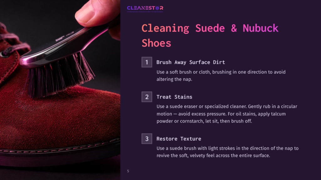 Close-Up Of A Hand Using A Suede Brush On A Rich Red Suede Shoe, With Text Overlaying The Image: &Quot;Cleaning Suede &Amp; Nubuck Shoes&Quot; And Numbered Steps 1, 2, And 3.