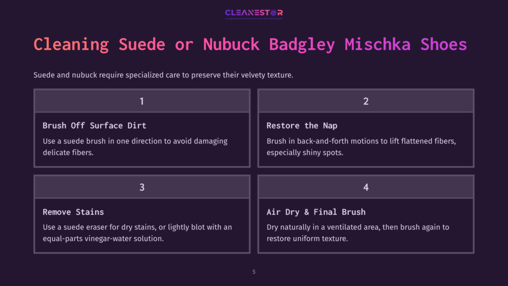 Instructions For Cleaning Suede Or Nubuck Badgley Mischka Shoes, With Numbered Steps, Purple And White Text On A Light Background.