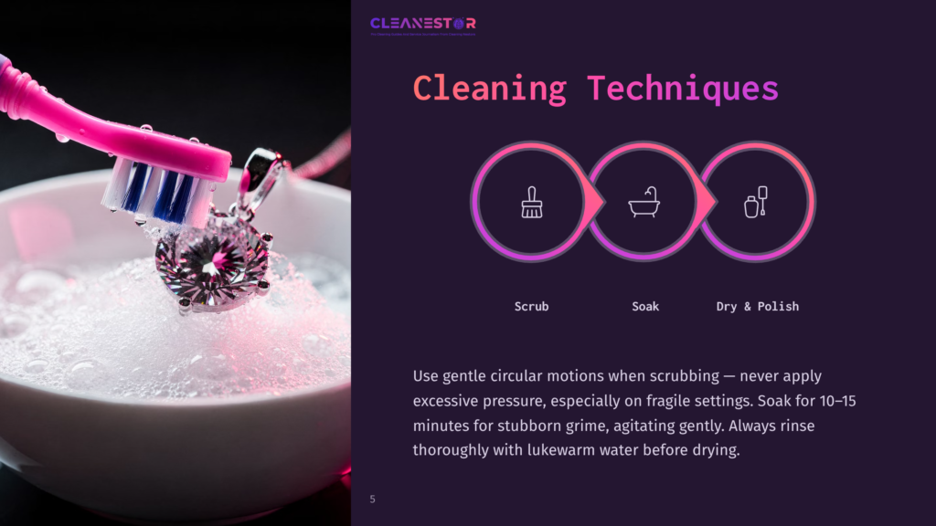 A Sparkling Diamond Pendant Resting In Soapy Water, Next To A Pink Toothbrush, With Cleaning Techniques Displayed In A Circular Layout.