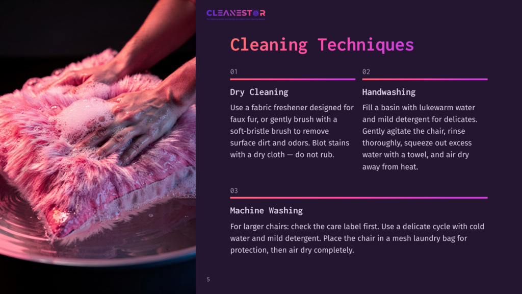 A Hand Washing A Pink Faux Fur Chair Cover In A Basin Filled With Water And Detergent, With Care Instructions Listed Beside.