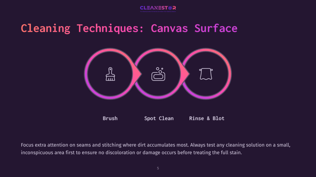 5 Cleaning Techniques Canvas Surface Three Circular Icons In A Row Illustrate Canvas Cleaning Techniques: Brush, Spot Clean, And Rinse &Amp; Blot, With The Cleanestor Logo Above.