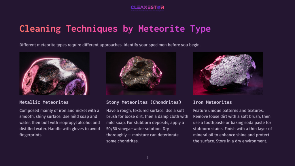 Three Meteorite Samples Displayed On A Dark Background. Each Has A Unique Texture: Metallic, Rough Stone, And Patterned Iron, With Cleaning Instructions Below.