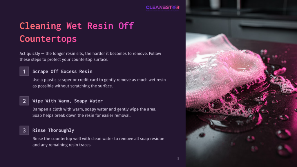 5 Cleaning Wet Resin Off Countertops Close-Up Of A Pink Microfiber Cloth With Sudsy Water, Cleaning A Dark Countertop. Text Overlay: &Quot;Cleanestor&Quot;, &Quot;Cleaning Wet Resin Off Countertops&Quot;, &Quot;Scrape Off Excess Resin&Quot;, &Quot;Wipe With Warm, Soapy Water&Quot;, &Quot;Rinse Thoroughly&Quot;.