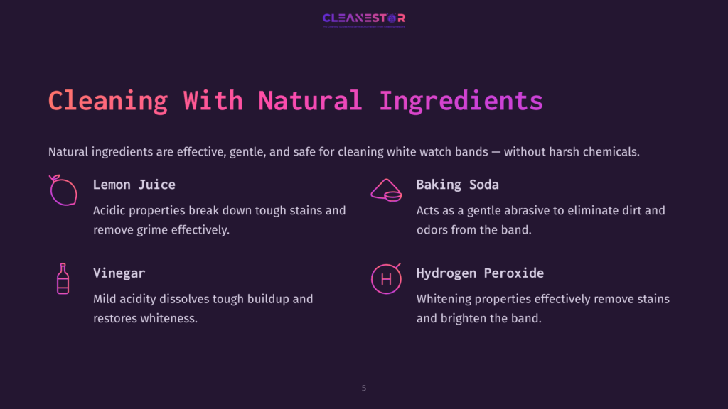 5 Cleaning With Natural Ingredients 1 Illustration Detailing Natural Ingredients For Cleaning Watch Bands: Lemon Juice, Baking Soda, Vinegar, And Hydrogen Peroxide, With Icons And Descriptive Text.