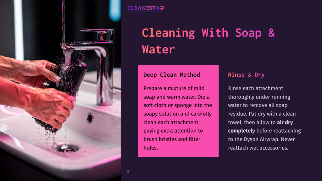 5 Cleaning With Soap And Water Hands Rinsing A Black Dyson Airwrap Attachment Under A Running Faucet, Illustrating The &Quot;Deep Clean Method&Quot; For Cleaning Dyson Attachments.