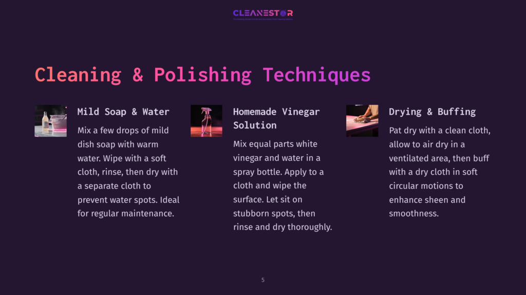 Text On A Purple Background Outlining Cleaning Techniques: Soap And Water, Homemade Vinegar Solution, And Dry Buffing Methods Using Images Of Spray Bottles And Cloths.