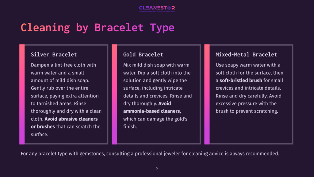 Infographic Titled &Quot;Cleaning By Bracelet Type&Quot; With Sections For Silver, Gold, And Mixed-Metal Bracelets, Offering Cleaning Advice For Each.