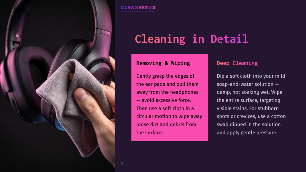 A Person Holding A Sennheiser Ear Pad While Demonstrating Cleaning Techniques, With Text Instructions And A Dark Purple Background.