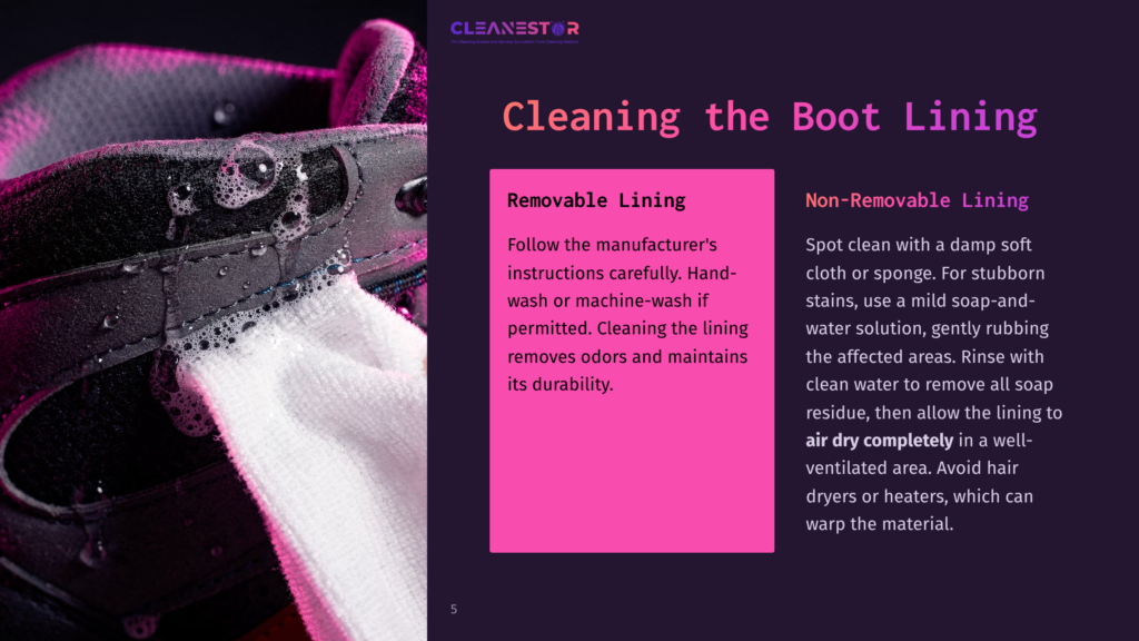 Close-Up Of A Walking Boot With Water And Soap, Showcasing A Pink Background Section With Cleaning Instructions Next To The Boot.