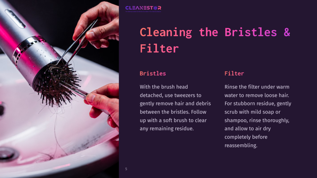 Hands Use Tweezers To Clean Hair From A Vacuum Cleaner Brush Head, With Text &Quot;Cleanestor&Quot; And &Quot;Cleaning The Bristles &Amp; Filter&Quot; Visible.
