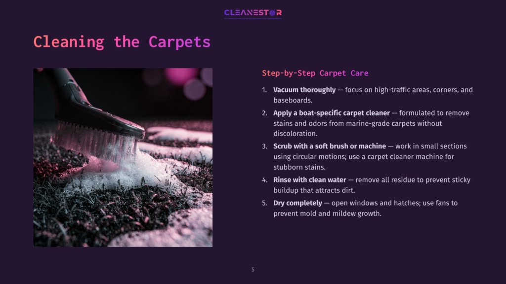 A Close-Up Of A Carpet Being Cleaned With A Brush, Showing Debris Removal. The Background Is Dark Purple, With Step-By-Step Cleaning Instructions.